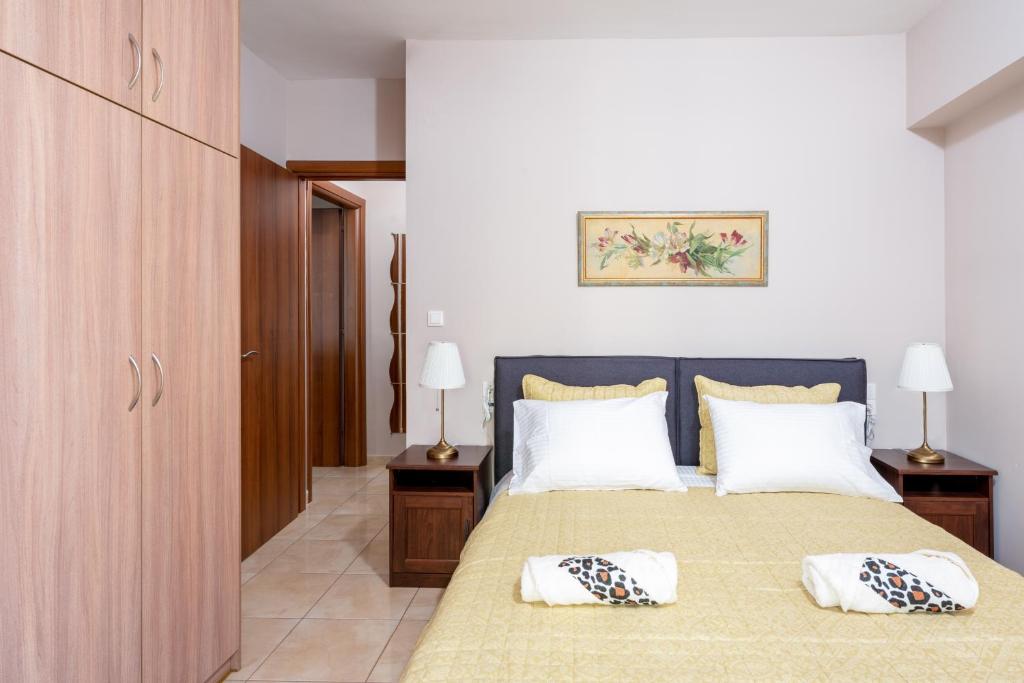 sypialnia z łóżkiem z 2 poduszkami w obiekcie Eleni's modern apartment w mieście Wolos