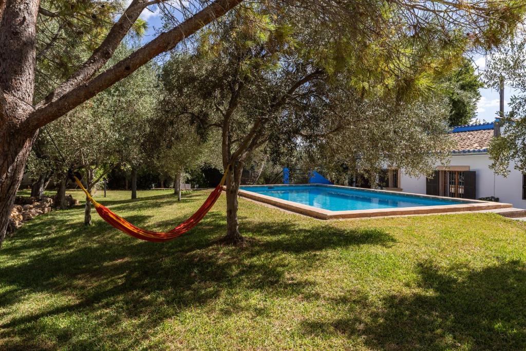 una hamaca en un patio junto a una piscina en Finca Can Lluc en Alaró