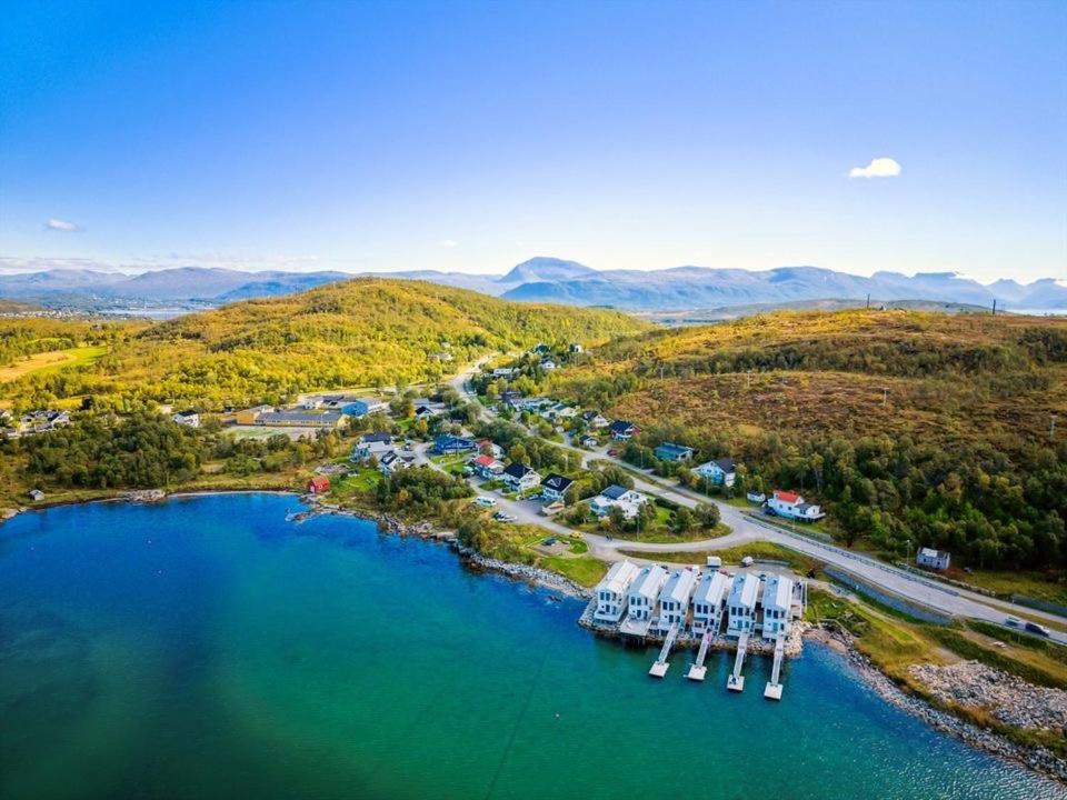 an aerial view of a marina in a lake at Studio Seaside in Tromsø