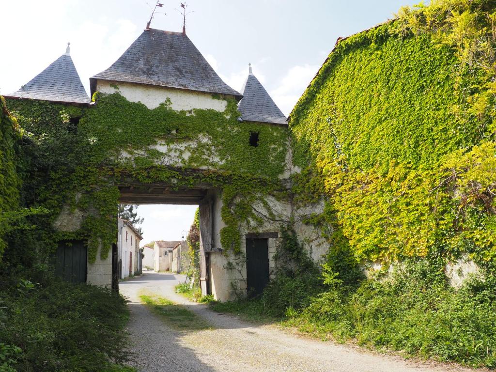 pokryty bluszczem budynek z łukiem na drodze w obiekcie Château de Parançay - 15 people lodge w mieście Bernay