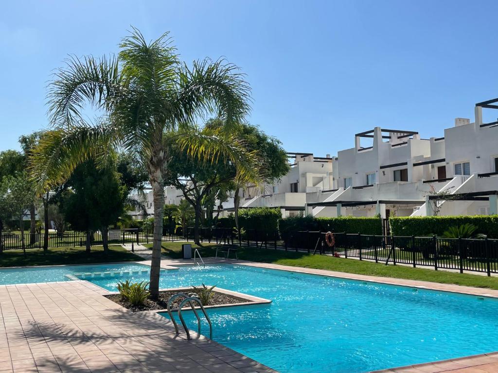 une piscine avec un palmier en face d'un bâtiment dans l'établissement El Condado de Alhama Golf Resort Naranjos 7 house 589, à Alhama de Murcia
