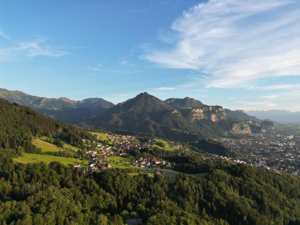 une vue aérienne sur une ville dans les montagnes dans l&#39;établissement Hotel Dreiländerblick Dornbirn, à Dornbirn