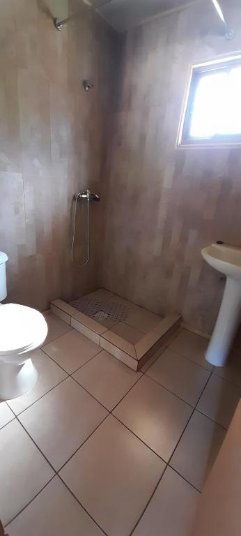 a bathroom with a shower and a toilet and a sink at José María in Melipeuco