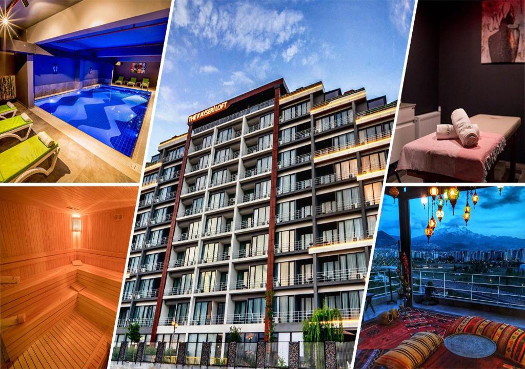 a collage of four pictures of a hotel at The Kayseri Loft Hotel in Kayseri