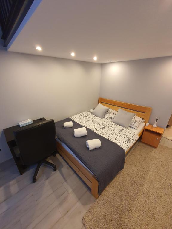 1 dormitorio con 1 cama grande y TV en Belvárosi Exkluzív Loft, en Debrecen