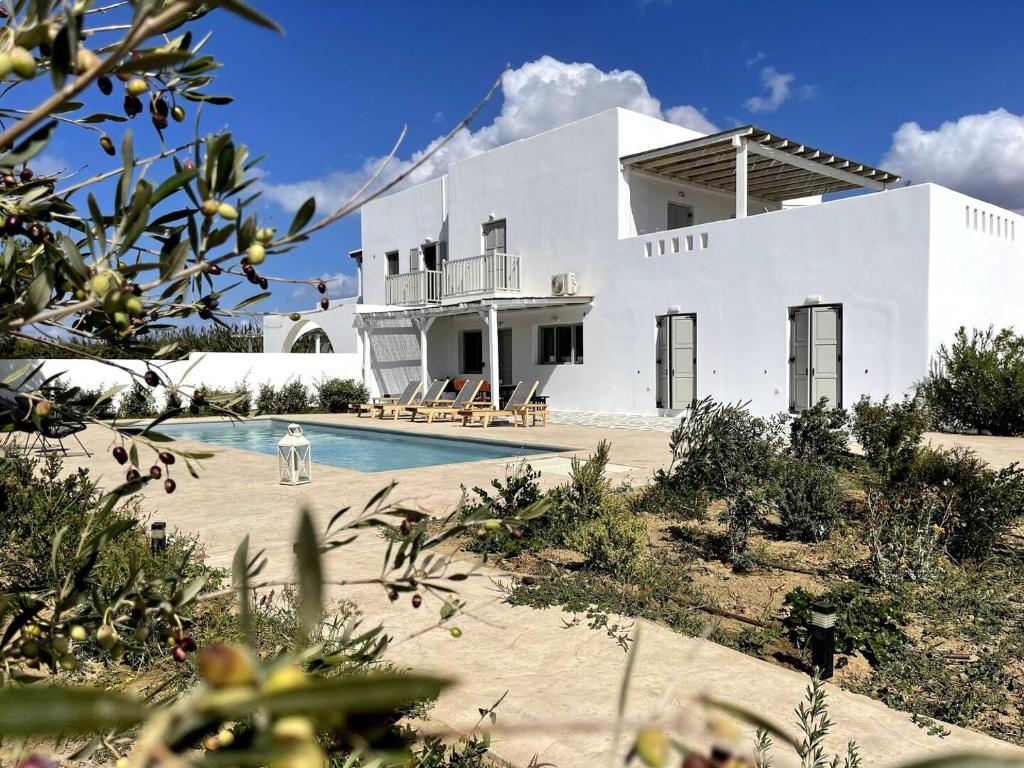 a white house with a swimming pool in front of it at White Pearl Villa Naxos with Private Swimming Pool in Naxos Chora
