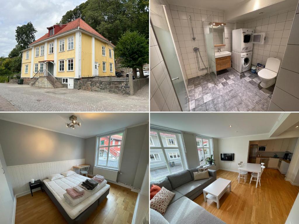 three pictures of a living room and a house at Fint, gratis parkering, med 20 min till Göteborg C in Kungälv