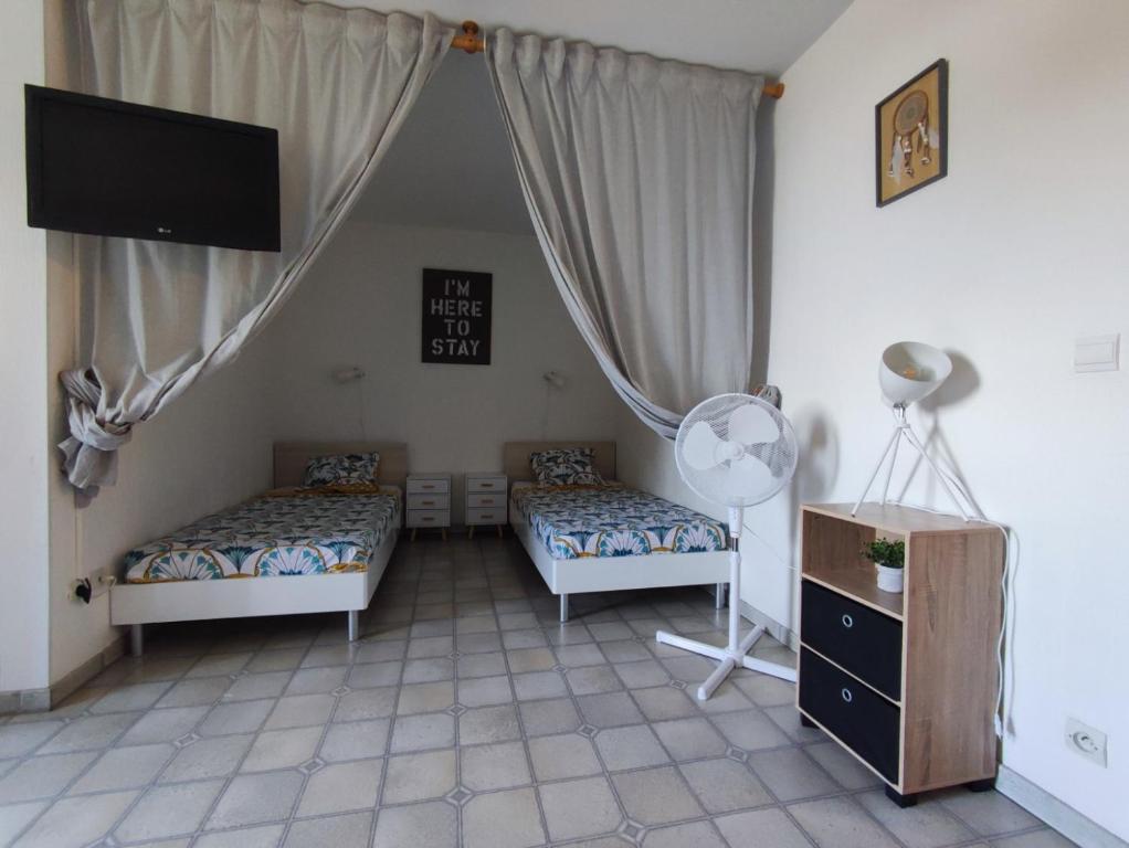 a bedroom with two beds and a flat screen tv at studio meublé classé 2 étoiles - 30m² in Gréoux-les-Bains