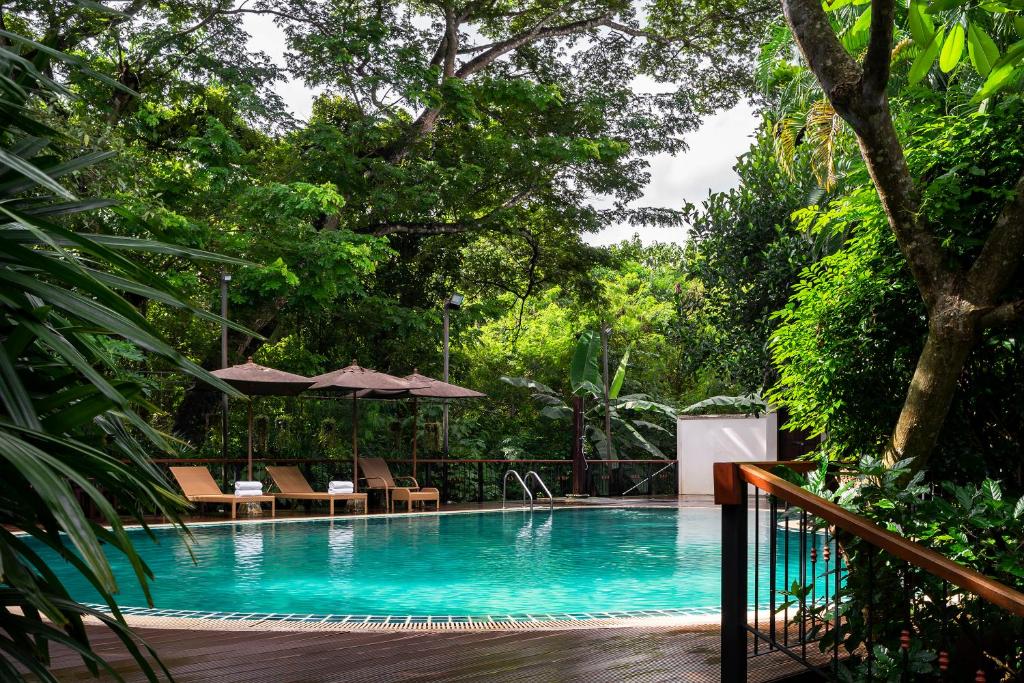 uma piscina com cadeiras e guarda-sóis num jardim em Ratchapruek Lanna Boutique em Chiang Mai