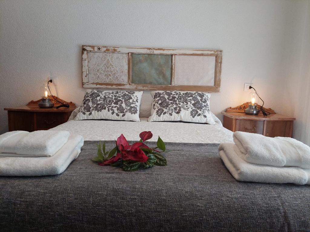 a bedroom with a bed with two pillows and flowers on it at CASA DOROTEO in Cardeña