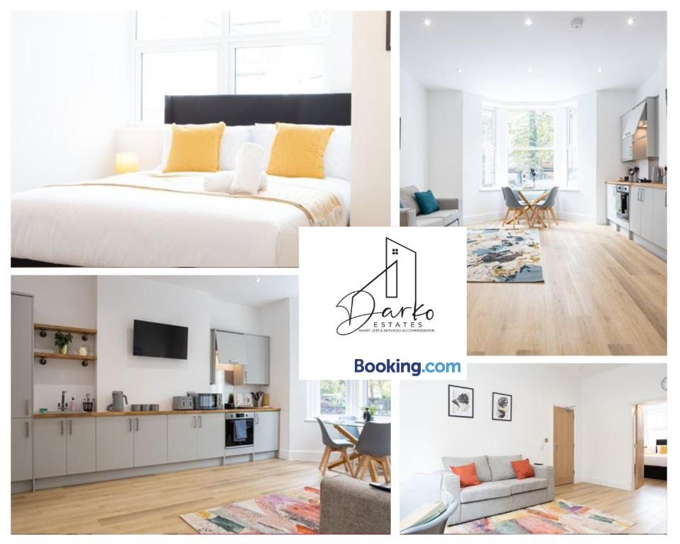 een collage van foto's van een slaapkamer en een woonkamer bij Apartment 2 - Beautiful 1 Bedroom Apartment Near Manchester in Worsley