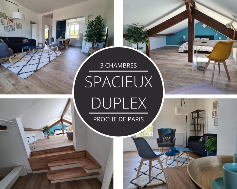un collage de fotos de una sala de estar y un comedor en Spacieux duplex sous combles., en Le Pecq