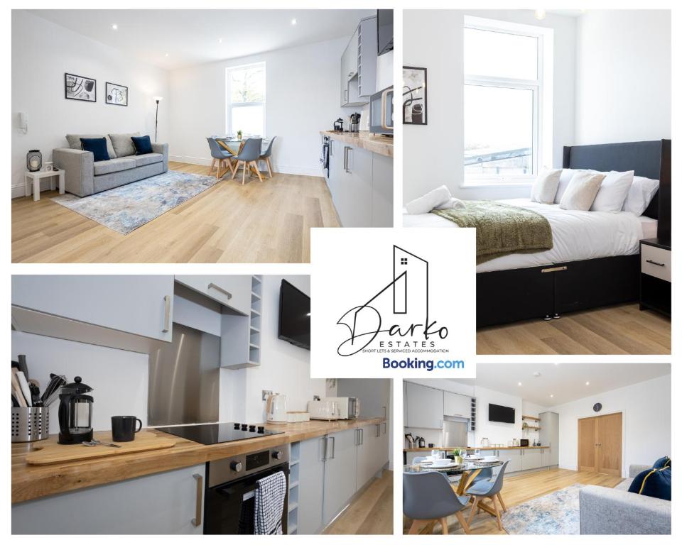 een collage van foto's van een keuken en een woonkamer bij Apartment 3 - Beautiful 1 Bedroom Apartment Near Manchester in Worsley