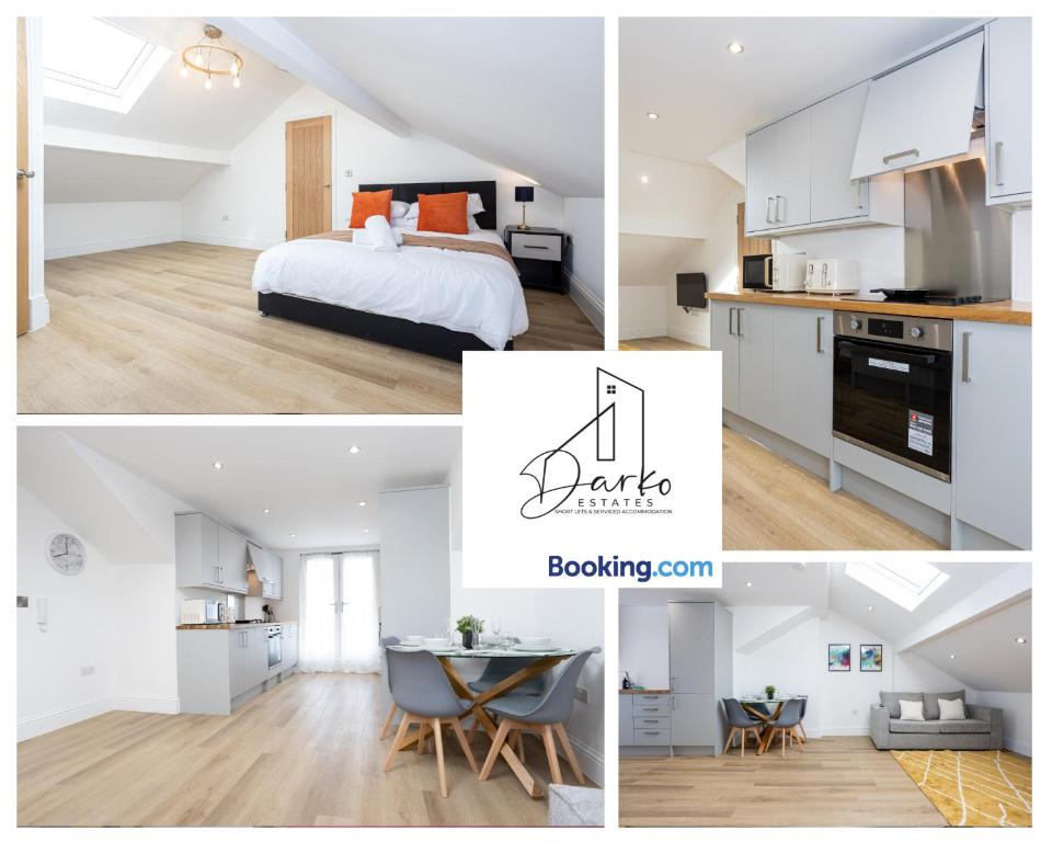 un collage de fotos de una cocina y un dormitorio en Apartment 5 - Beautiful 1 Bedroom Apartment Near Manchester, en Worsley