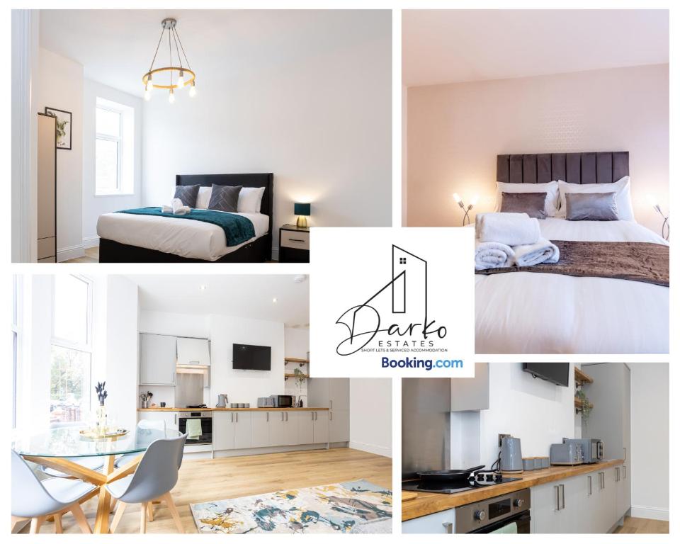 een collage van foto's van een slaapkamer en een woonkamer bij Apartment 1 - Beautiful 1 Bedroom Apartment Near Manchester in Worsley