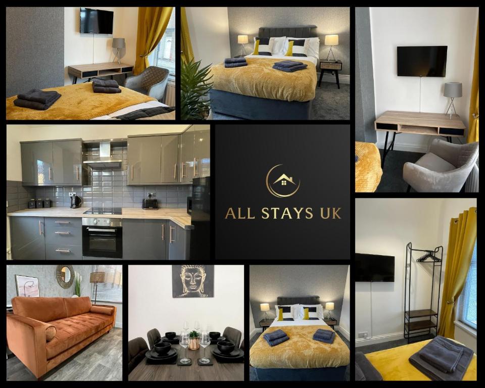 a collage of photos of a hotel room with a bed at Byelands House in Middlesbrough