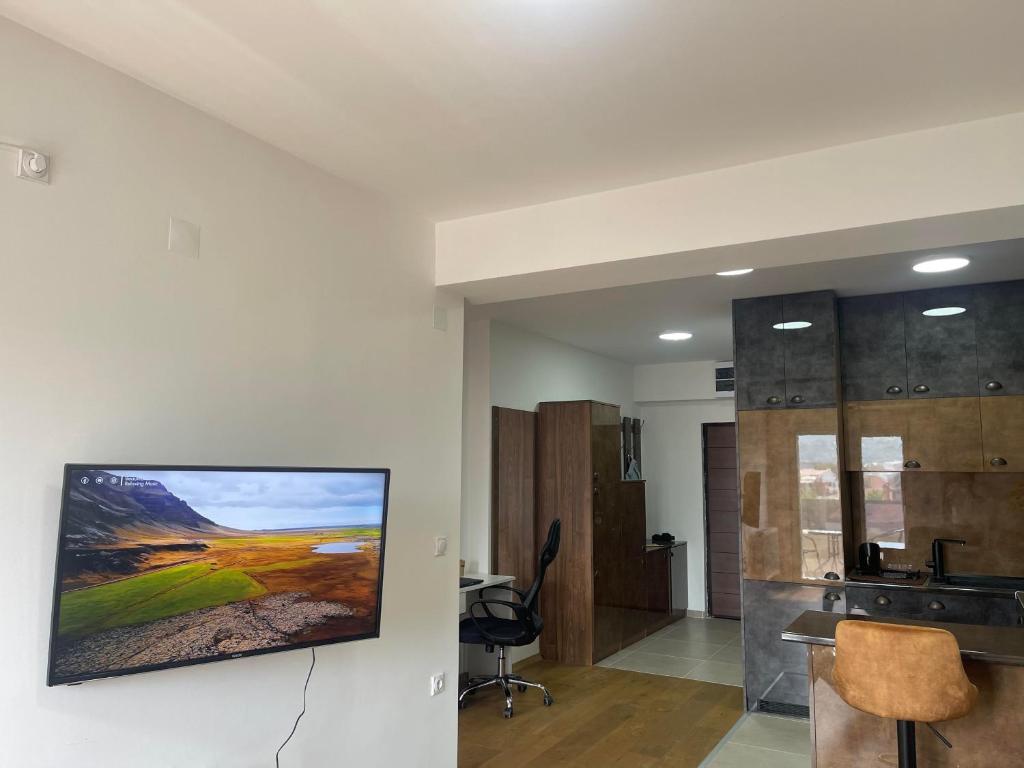 una oficina con TV colgada en la pared en Apartment Lazar en Skopje