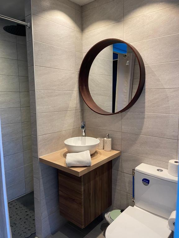 Saint-CerguesにあるEntre Annecy Geneve et Evian 2のバスルーム(洗面台、鏡、トイレ付)