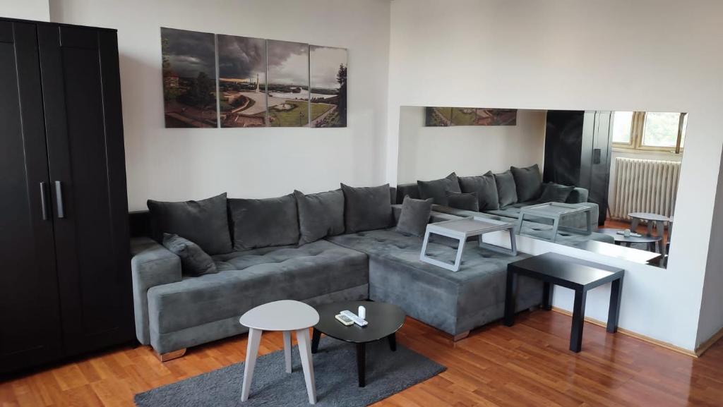 sala de estar con sofá gris y mesas en Nice apartment in New Belgrade with free parking, en Belgrado
