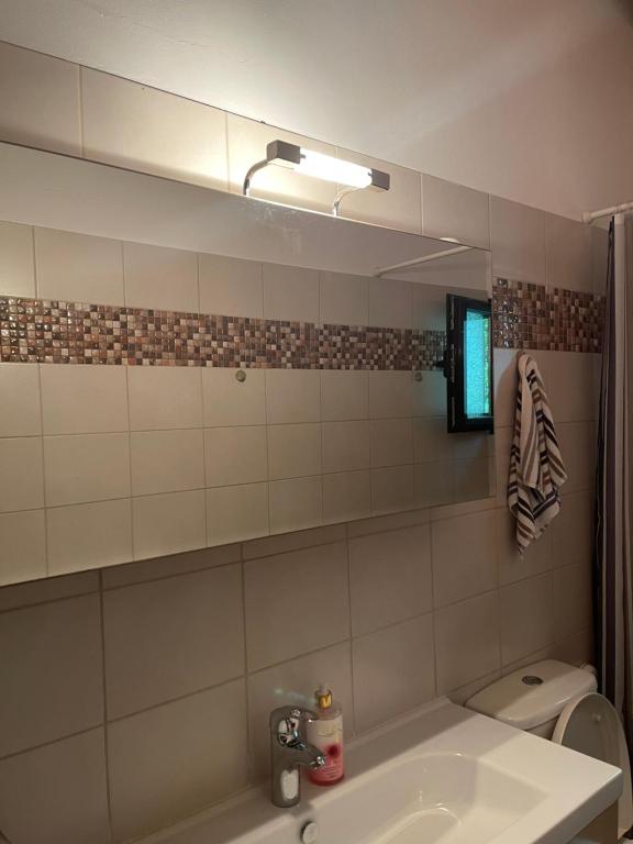 łazienka z umywalką, lustrem i toaletą w obiekcie Stymfalia Cozy Village Guesthouse w mieście Kartérion
