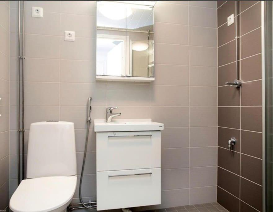 a bathroom with a toilet and a sink and a mirror at Luhtikadun Studio Apartment in Lahti