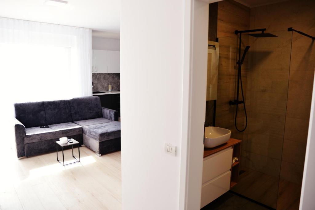 a living room with a couch and a shower at Apartament Feeling Home în cartier WestResidence in Oradea
