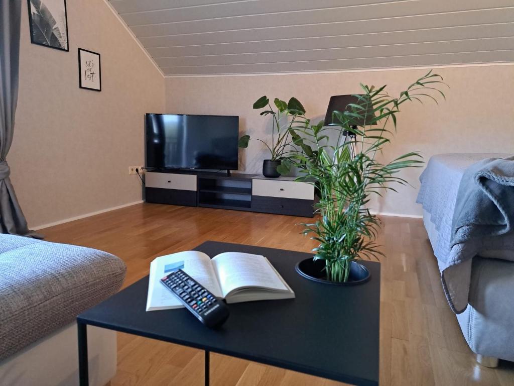 a living room with a coffee table with a book and a remote control at Ferienwohnung 29 in Kreuzwertheim