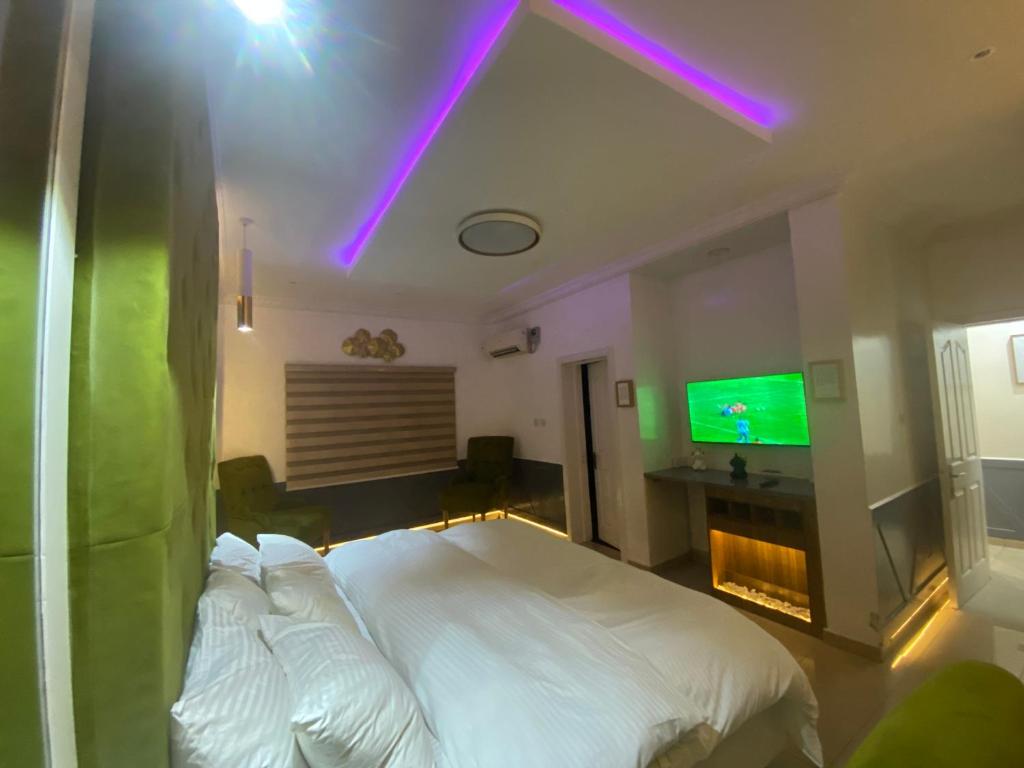 a bedroom with a white bed and a tv at Timeless Apartment and Bar in Lagos