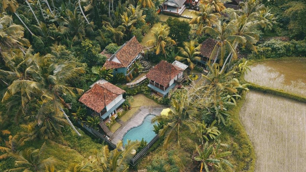 uma vista aérea de um resort com uma piscina e palmeiras em Puri Sundaram Villa em Ubud