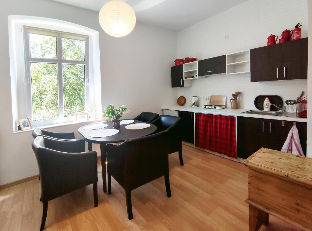 eine Küche mit einem Tisch und Stühlen im Zimmer in der Unterkunft Apartament Alpejski Duży in Lądek-Zdrój