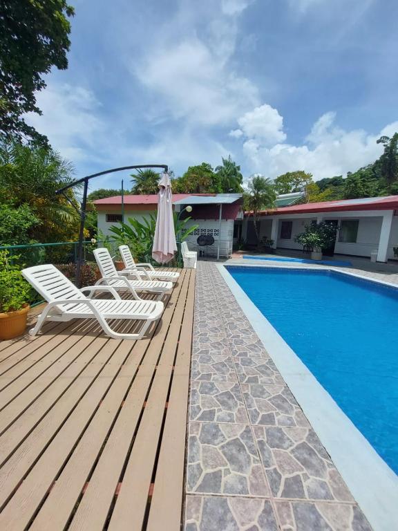 una terraza con sillas y una piscina en Hôtel Pez Gallo, en Golfito