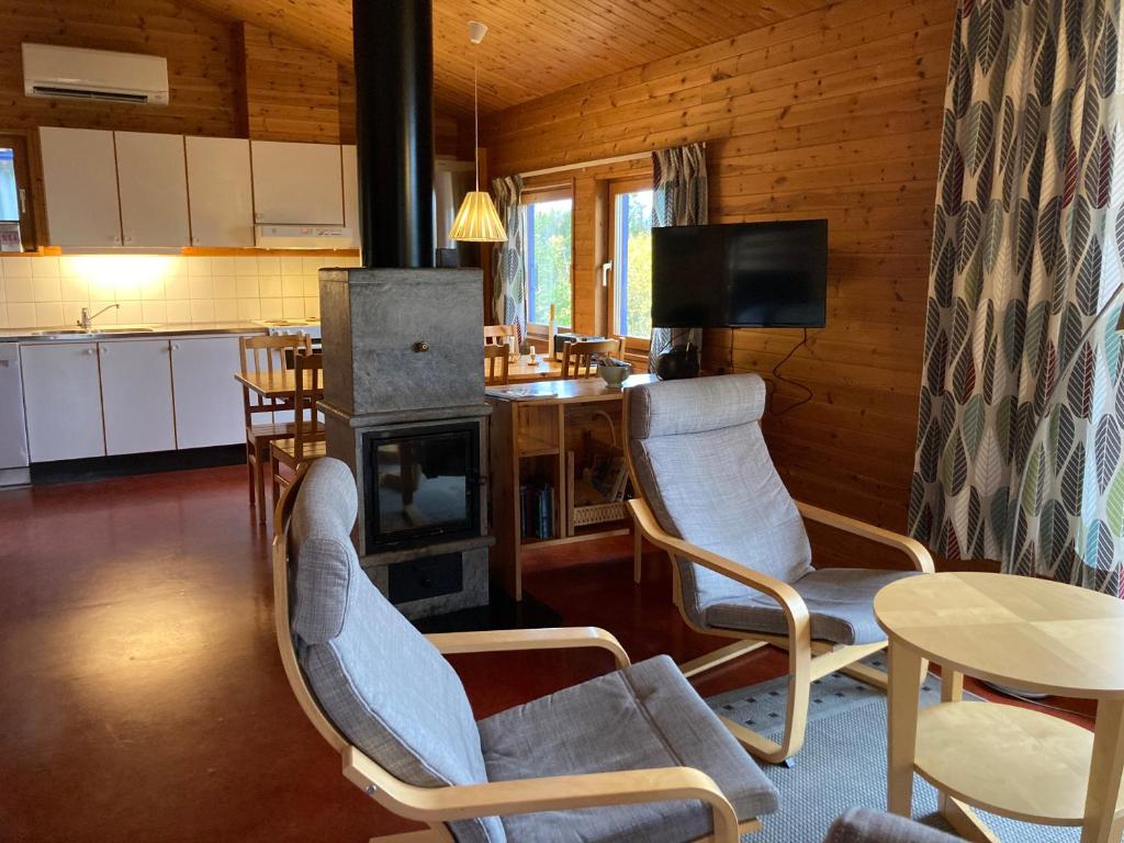 a living room with a couch and a fireplace at Stuga Huså Åre in Huså