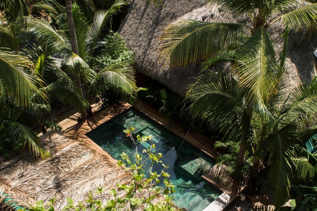 een uitzicht over een zwembad met palmbomen bij Frutas y Verduras in Puerto Escondido