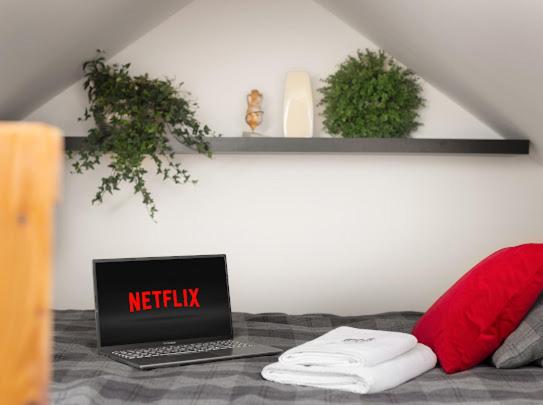 Televízia a/alebo spoločenská miestnosť v ubytovaní Apartamenty U Harrego I Przy Stawie Spa z klimatyzacją, balia, sauna, ogrodem i parkingiem