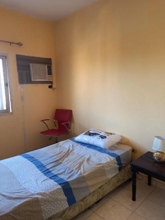 1 dormitorio con 1 cama y 1 silla roja en Fortaleza II, en Asunción