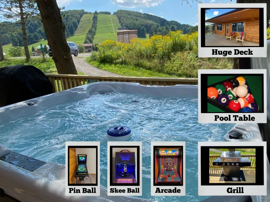 a jacuzzi tub with pictures of a house at Slippery Slope Cabin at Deep Creek Lake / Wisp Mountain (3 BR) in McHenry