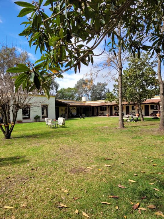 un edificio con 2 sillas y árboles en un campo en La Perdida Casa de Campo en San Antonio de Areco