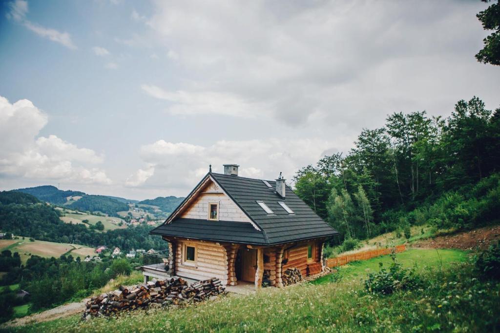 una piccola casa su una collina in un campo di Felusiowa Chata a Laskowa
