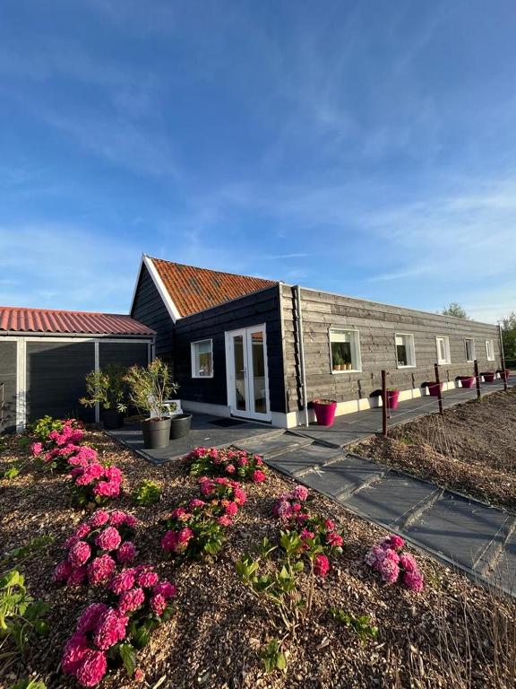 a building with a bunch of flowers in front of it at de Tulp in Noordgouwe