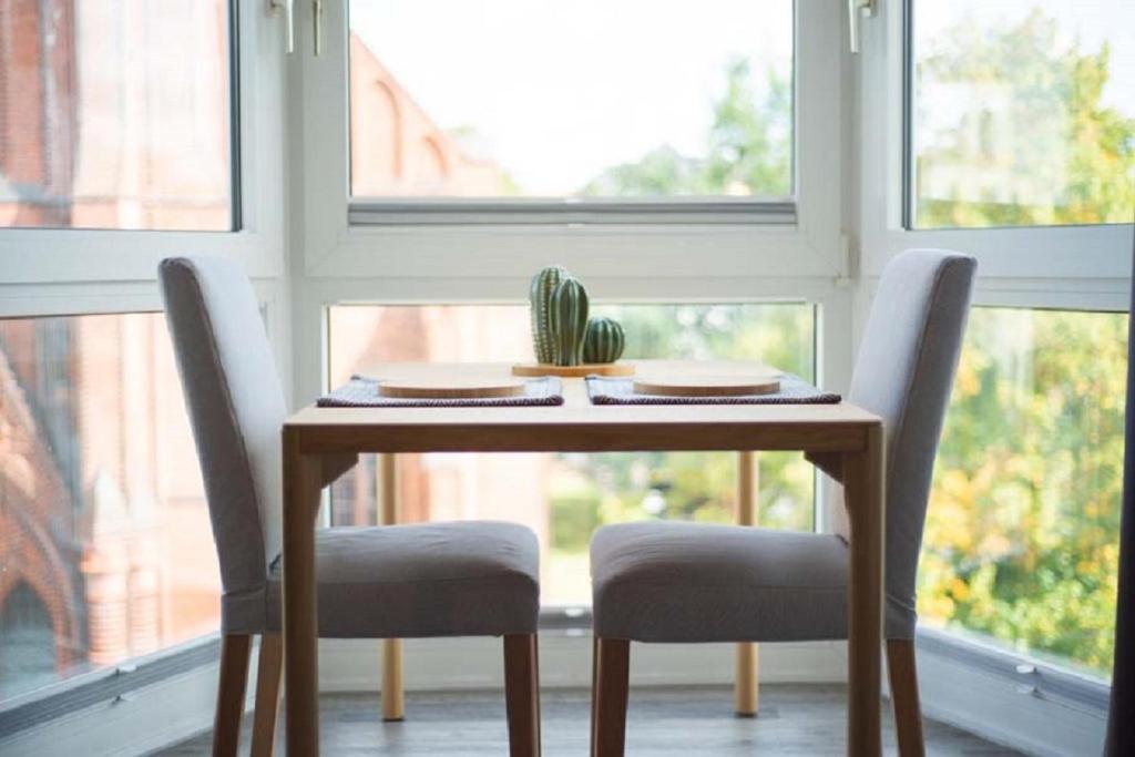 a dining room table with two chairs and a cactus at Schiller-Quartier 6 in Bremerhaven