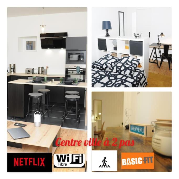 un collage de photos d'une cuisine et d'une chambre dans l'établissement Grand Appartement Confort, à Vichy