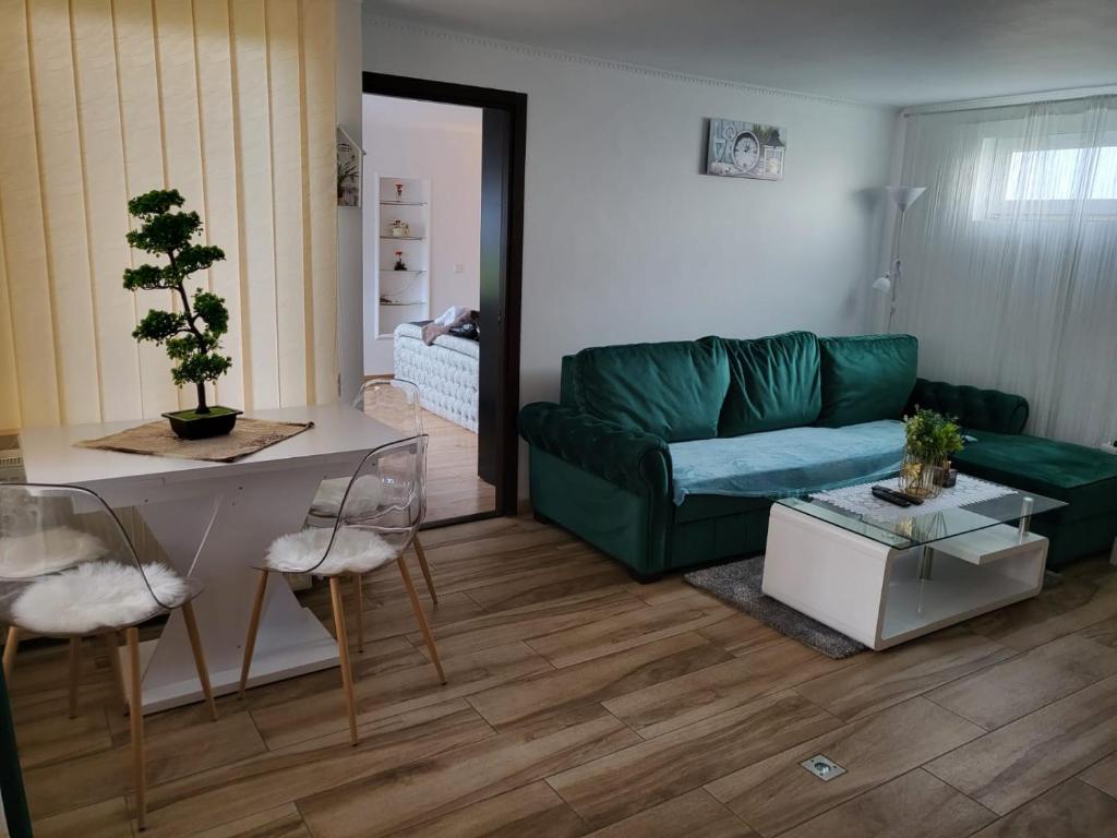 a living room with a green couch and a table at Vila Sabina ,cu jacuzzi și grătar in terasa exterioara in Satu Mare