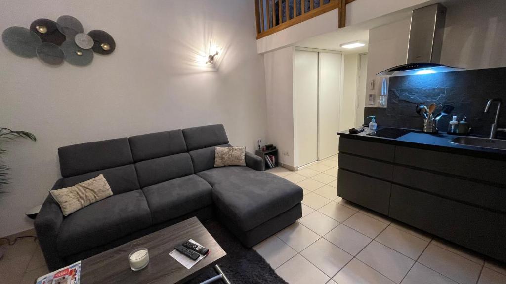 uma sala de estar com um sofá e uma cozinha em Addis em Salon-de-Provence