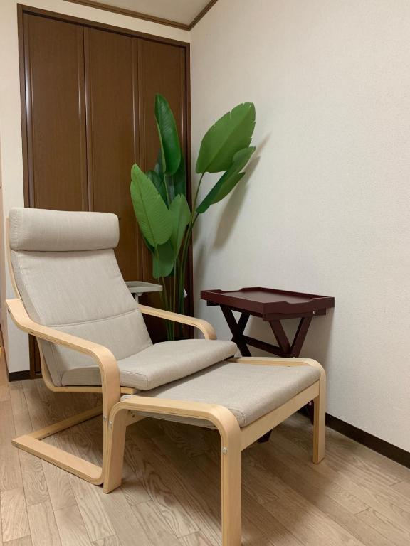 橿原市宿や　サニービレッジ的一间房间,配有两把椅子和一张桌子,还有植物