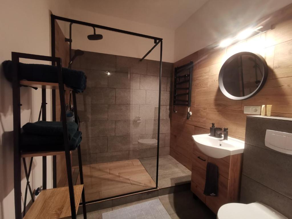 een badkamer met een douche en een wastafel bij Aparthouse Zegrze in Serock