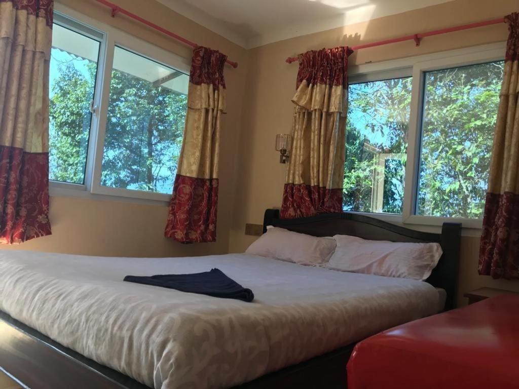 a bedroom with a large bed with windows at Into The Wild Pokhara in Kāskī