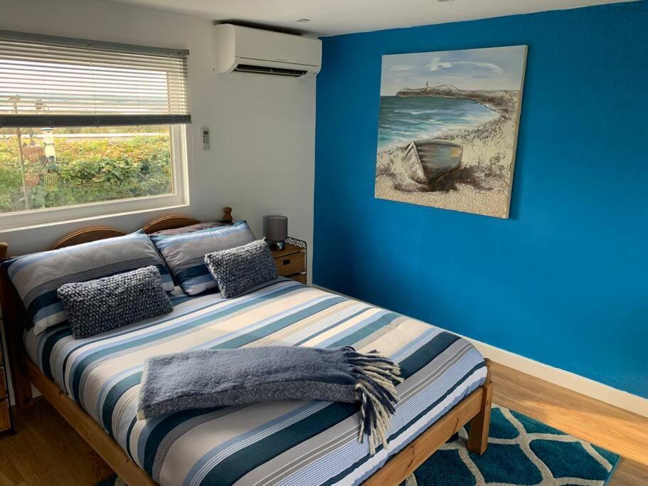 1 dormitorio con paredes azules y 1 cama con ventana en Old Ferry View, en Bristol