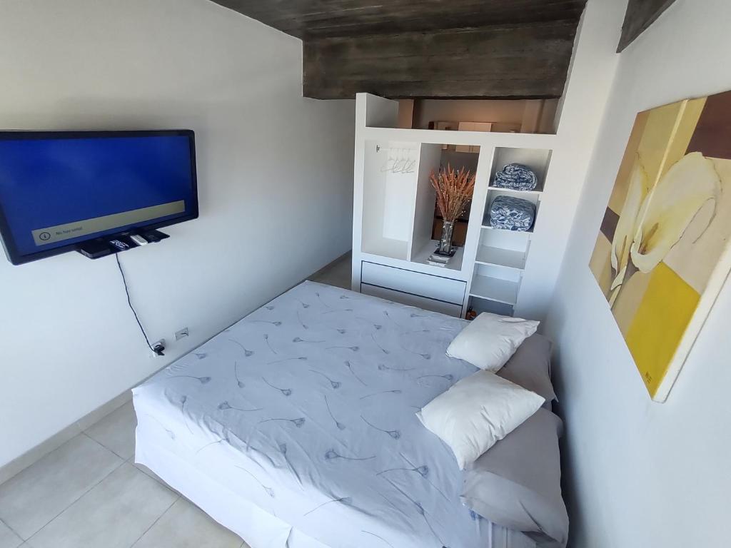 a small bedroom with a bed and a flat screen tv at Chacabuco 284 in San Miguel de Tucumán