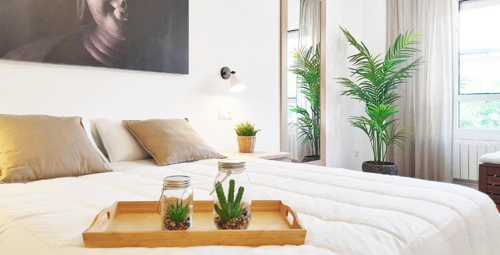Mood Bilbao Apartamentos - New & Special في بلباو: سرير ابيض وصينية عليها نباتات
