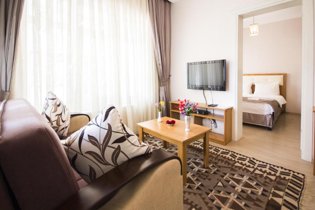 イスタンブールにあるフェイザ アパートのソファ、ベッド、テレビが備わるホテルルームです。